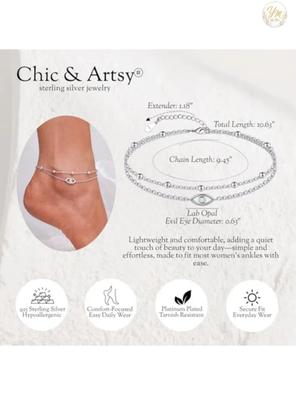 925 Sterling Silver Adjustable Layered Anklet with Evil Eye & Opal Charms, Boho